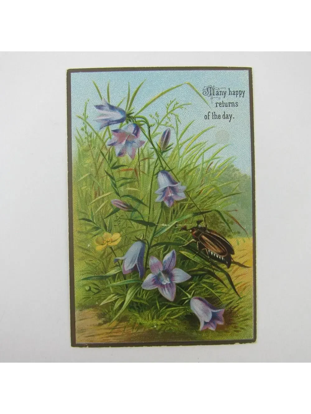 Victorian Greeting Card Happy Returns of the Day Purple Flowers Beetle Antique